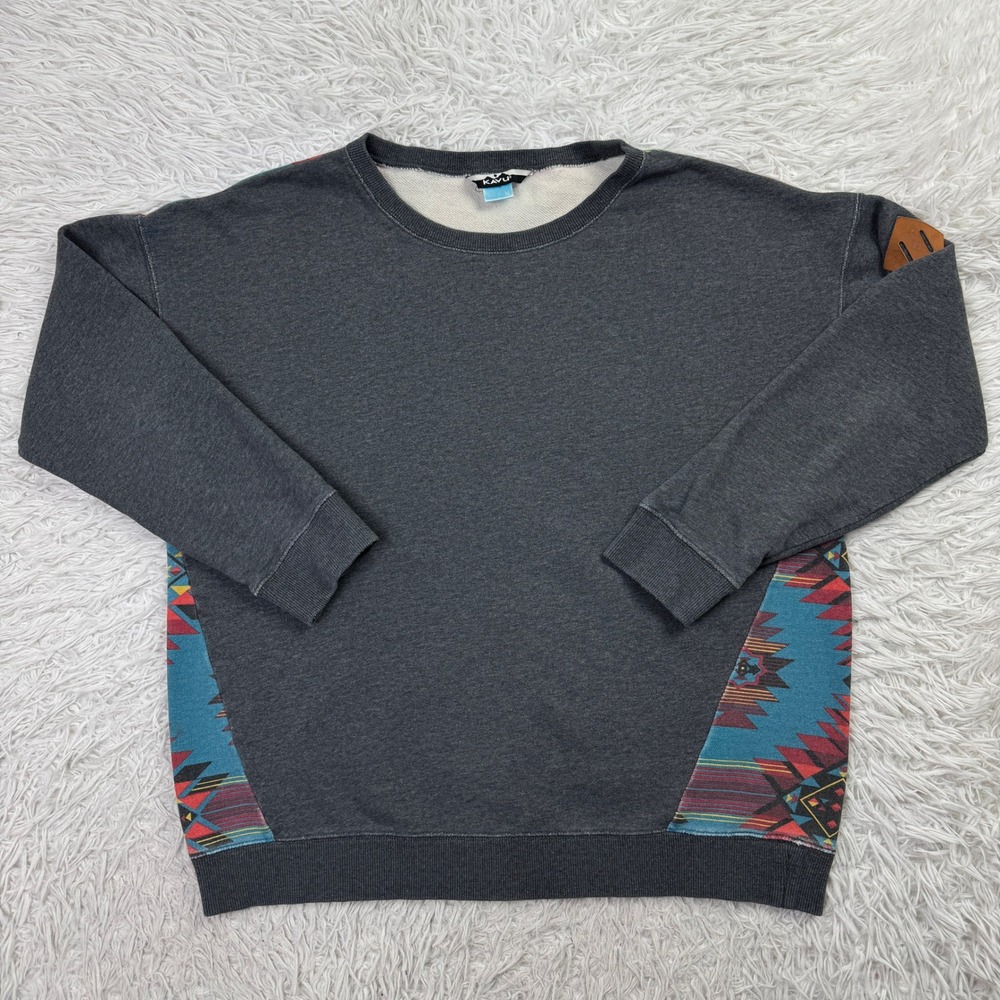 Kavu Sweater Mens M Gray Southwest Turquoise Aztec Geometric Crewneck Sweatshirt